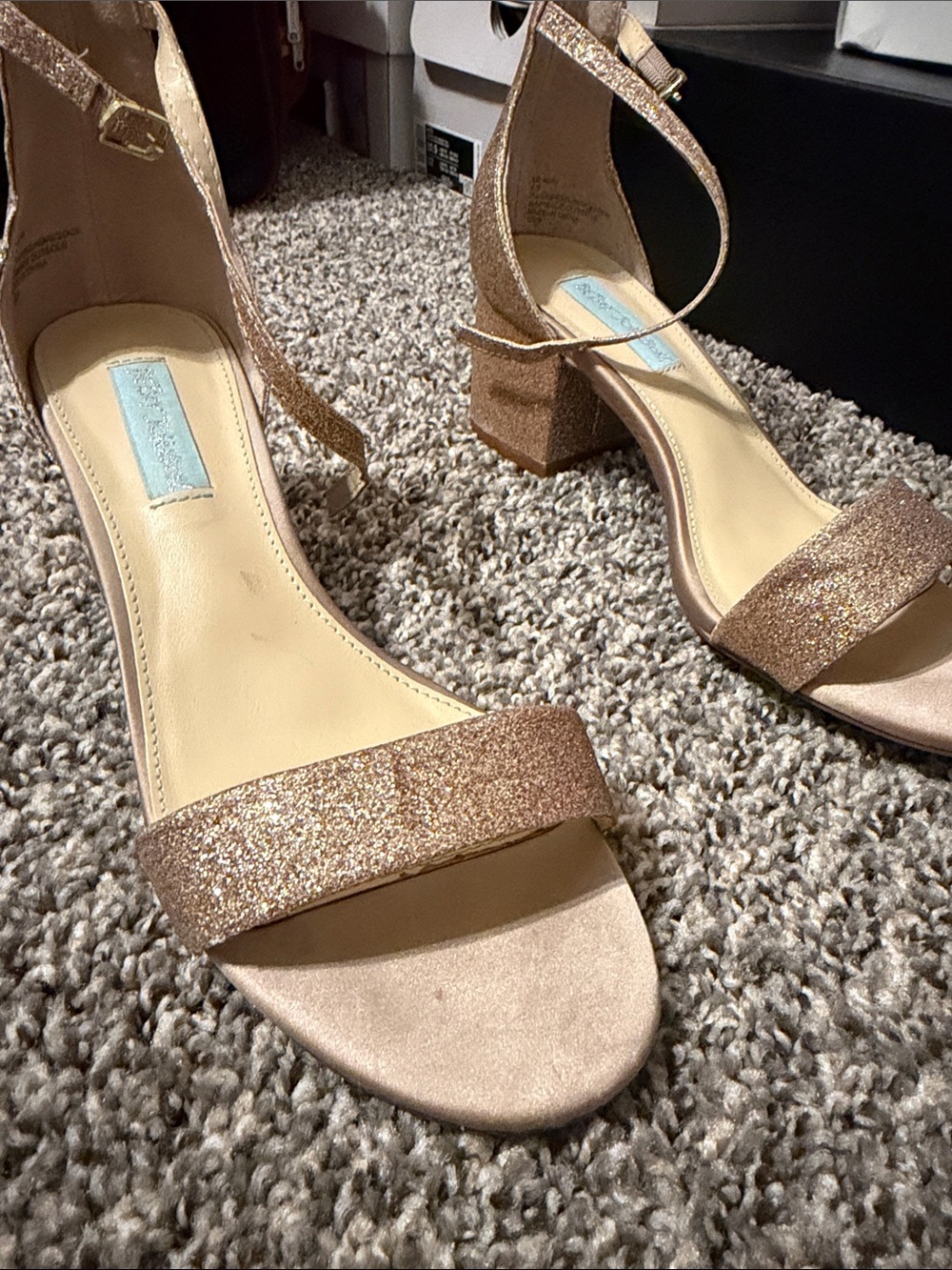 Betsey Johnson Rose Gold Glitter Block Heel Sandals